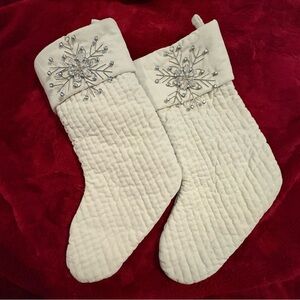 Pottery Barn Ivory Channel Quilted Lined Holiday Stockings Crystal Snowflakes x2